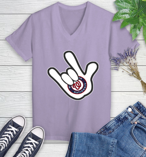 Washington Nationals MLB Baseball Mickey Rock Hand Disney Women's V-Neck T-Shirt 14