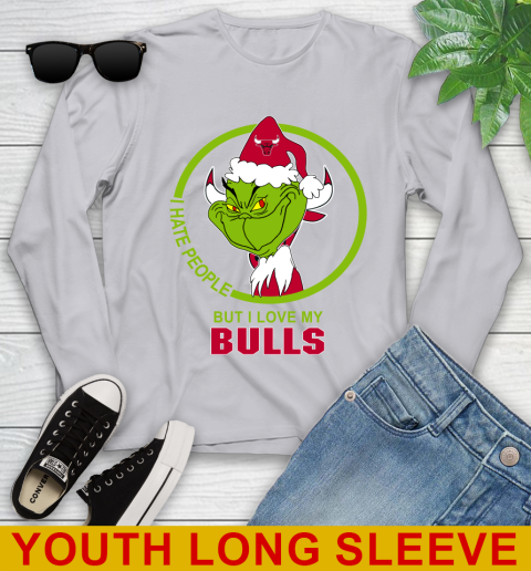 Chicago Bulls NBA Christmas Grinch I Hate People But I Love My Favorite Basketball Team Youth Long Sleeve 6