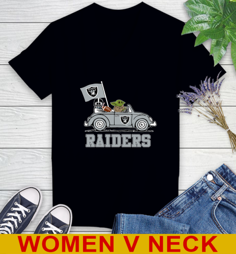 NFL Football Oakland Raiders Darth Vader Baby Yoda Driving Star Wars Shirt Women's V-Neck T-Shirt 2
