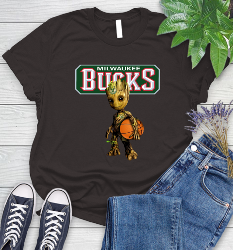 Milwaukee Bucks NBA Basketball Groot Marvel Guardians Of The Galaxy Women's T-Shirt 8
