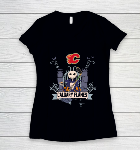 NHL Calgary Flames Hockey Jack Skellington Halloween Women's V-Neck T-Shirt