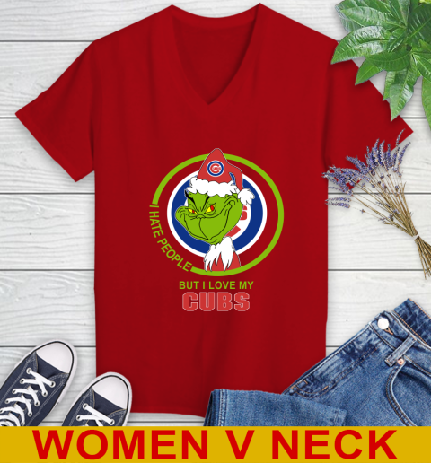 Chicago Cubs MLB Christmas Grinch I Hate People But I Love My Favorite Baseball Team Women's V-Neck T-Shirt 12