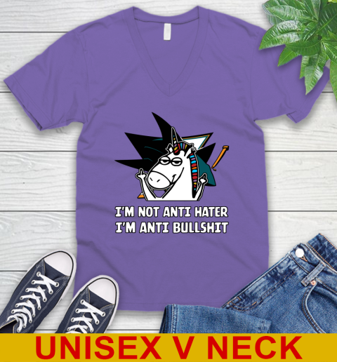 San Jose Sharks NHL Hockey Unicorn I'm Not Anti Hater I'm Anti Bullshit V-Neck T-Shirt 9