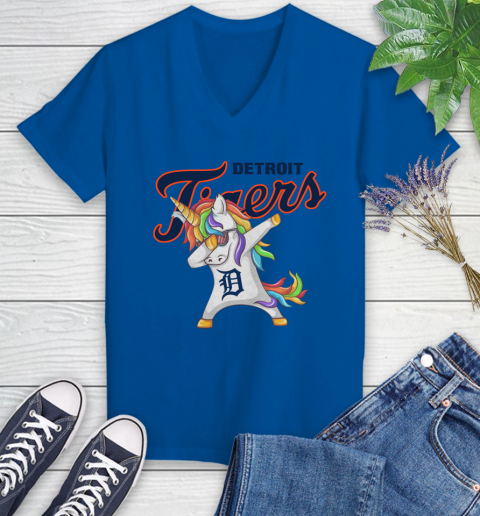 Detroit Tigers MLB Baseball Funny Unicorn Dabbing Sports Women's V-Neck T-Shirt 10