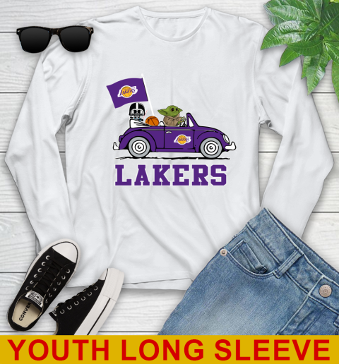 NBA Basketball Los Angeles Lakers Darth Vader Baby Yoda Driving Star Wars Shirt Youth Long Sleeve