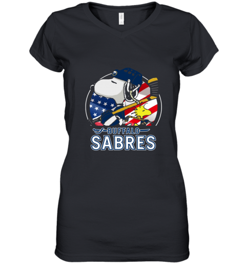 bv7a buffalo sabres ice hockey snoopy and woodstock nhl women v neck t shirt 39 front black