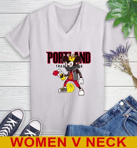Portland Trail Blazers NBA Basketball Mickey Peace Sign Sports Women's V-Neck T-Shirt