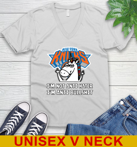 New York Knicks NBA Basketball Unicorn I'm Not Anti Hater I'm Anti Bullshit V-Neck T-Shirt