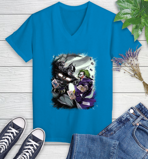 Oakland Raiders NFL Football Batman Fighting Joker DC Comics Women's V-Neck T-Shirt 7