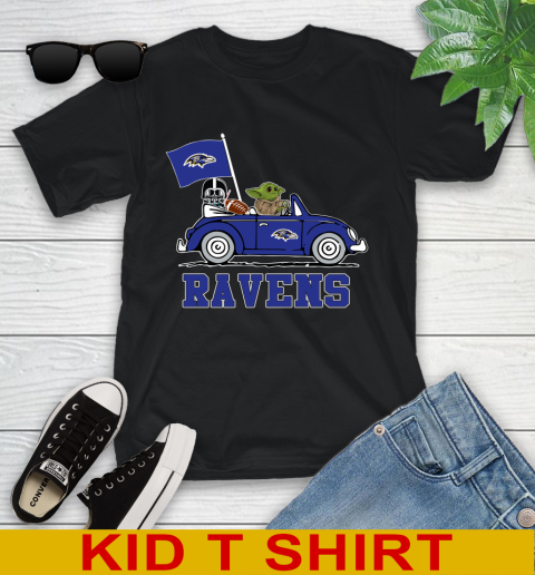 NFL Football Baltimore Ravens Darth Vader Baby Yoda Driving Star Wars Shirt Youth T-Shirt 2