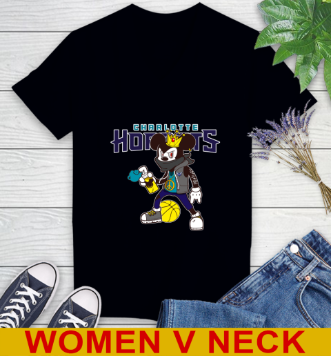 Charlotte Hornets NBA Basketball Mickey Peace Sign Sports Women's V-Neck T-Shirt 2