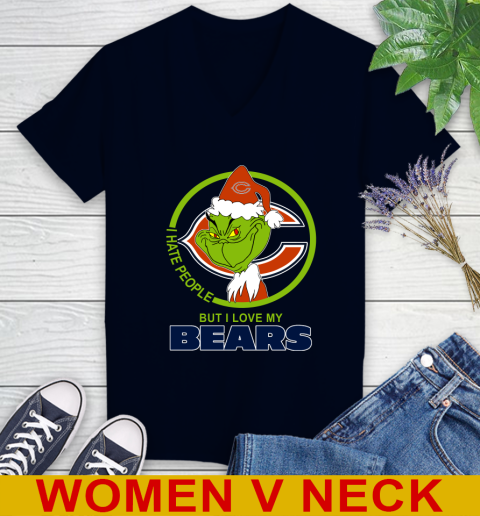 Chicago Bears NFL Christmas Grinch I Hate People But I Love My Favorite Football Team Women's V-Neck T-Shirt 3