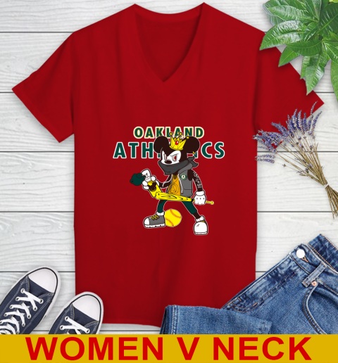 Oakland Athletics MLB Baseball Mickey Peace Sign Sports Women's V-Neck T-Shirt 12