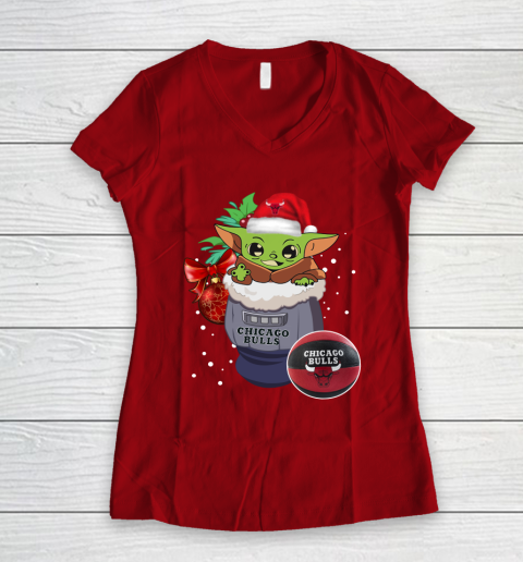 Chicago Bulls Christmas Baby Yoda Star Wars Funny Happy NBA Women's V-Neck T-Shirt 10
