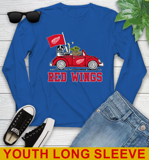 NHL Hockey Detroit Red Wings Darth Vader Baby Yoda Driving Star Wars Shirt Youth Long Sleeve 10