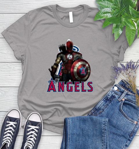 MLB Captain America Thor Spider Man Hawkeye Avengers Endgame Baseball Los Angeles Angels Women's T-Shirt 5