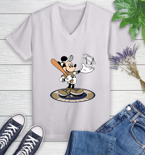 MLB Baseball Milwaukee Brewers Cheerful Mickey Disney Shirt Women's V-Neck T-Shirt 2