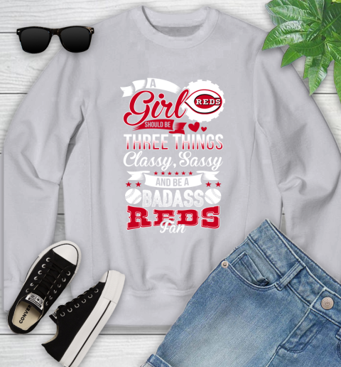 Cincinnati Reds MLB Baseball A Girl Should Be Three Things Classy Sassy And A Be Badass Fan Youth Sweatshirt - Image 4