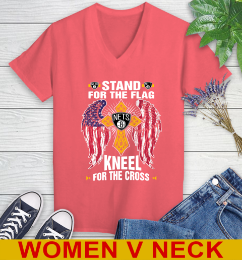 NBA Basketball Brooklyn Nets Stand For Flag Kneel For The Cross Shirt Women's V-Neck T-Shirt 6