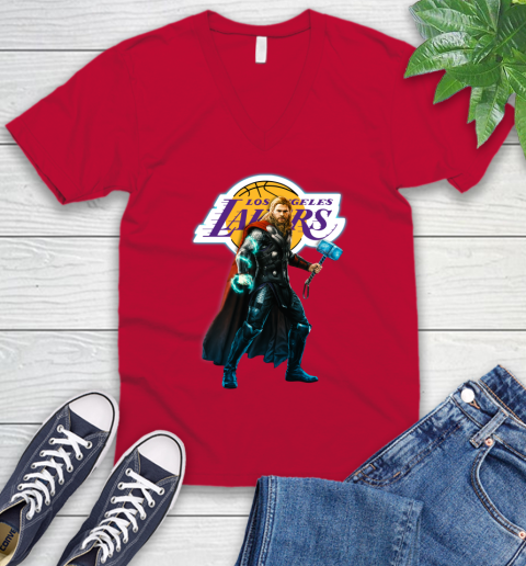NBA Thor Avengers Endgame Basketball Los Angeles Lakers V-Neck T-Shirt 7