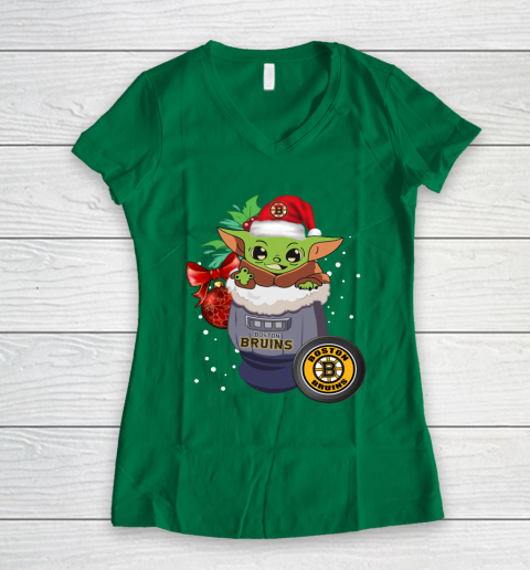 Boston Bruins Christmas Baby Yoda Star Wars Funny Happy NHL Women's V-Neck T-Shirt 5