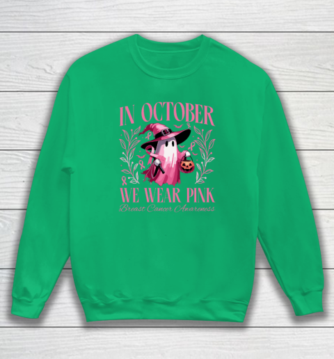 In October We Wear Pink Witch Ghost Pumpkin Breast Cancer Sweatshirt 4