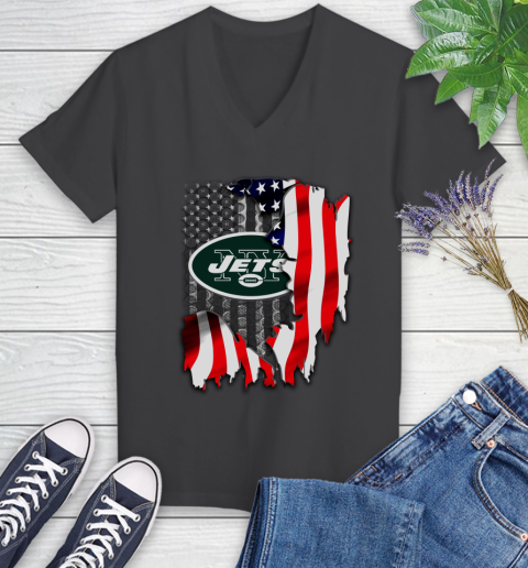 New York Jets NFL Football American Flag Women's V-Neck T-Shirt 8