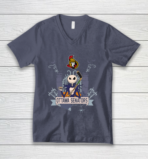 NHL Ottawa Senators Hockey Jack Skellington Halloween V-Neck T-Shirt 7
