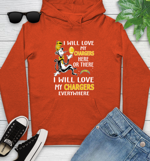 NFL Football Los Angeles Chargers I Will Love My Chargers Everywhere Dr Seuss Shirt Youth Hoodie 4