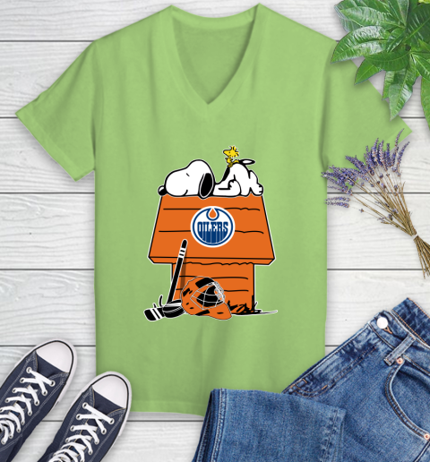 Edmonton Oilers NHL Hockey Snoopy Woodstock The Peanuts Movie Women's V-Neck T-Shirt 11