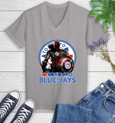 MLB Captain America Thor Spider Man Hawkeye Avengers Endgame Baseball Toronto Blue Jays Women's V-Neck T-Shirt 4