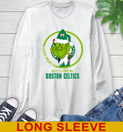 Boston Celtics NBA Christmas Grinch I Hate People But I Love My Favorite Basketball Team Long Sleeve T-Shirt