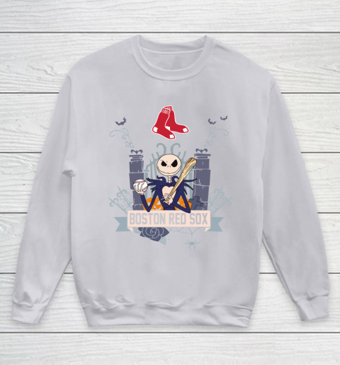 MLB Boston Red Sox Baseball Jack Skellington Halloween Youth Sweatshirt 3