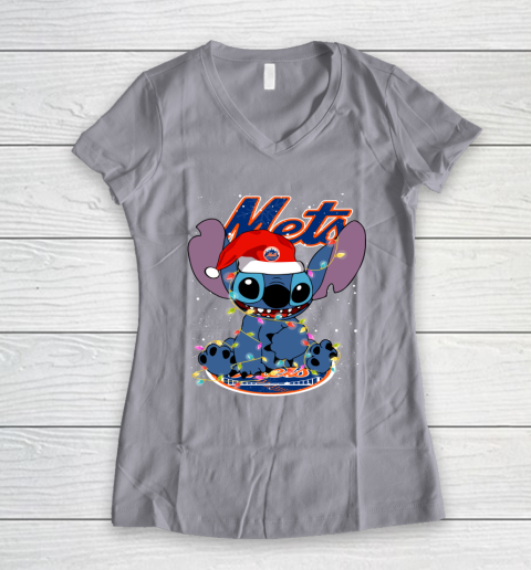 New York Mets MLB noel stitch Baseball Christmas Women's V-Neck T-Shirt 2