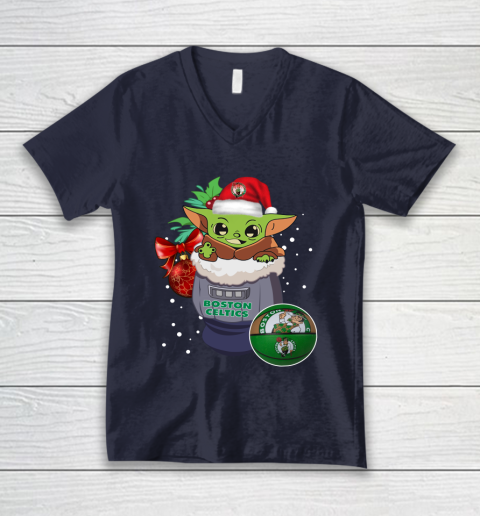 Boston Celtics Christmas Baby Yoda Star Wars Funny Happy NBA V-Neck T-Shirt 3