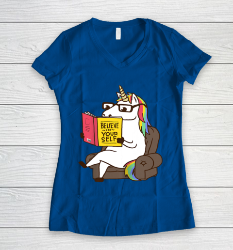 Unicorn Shirt Believe in Yourself Motivational Book Lover Women's V-Neck T-Shirt 9