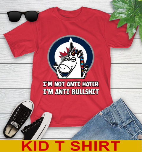 Winnipeg Jets NHL Hockey Unicorn I'm Not Anti Hater I'm Anti Bullshit Youth T-Shirt 10
