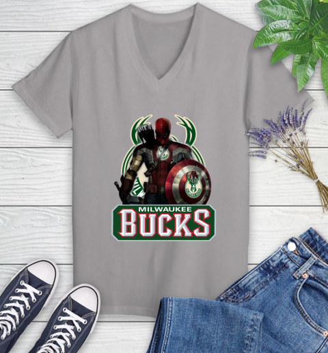 Milwaukee Bucks NBA Basketball Captain America Thor Spider Man Hawkeye Avengers Women's V-Neck T-Shirt 4