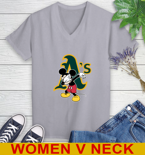 Oakland Athletics MLB Baseball Dabbing Mickey Disney Sports Women's V-Neck T-Shirt 5