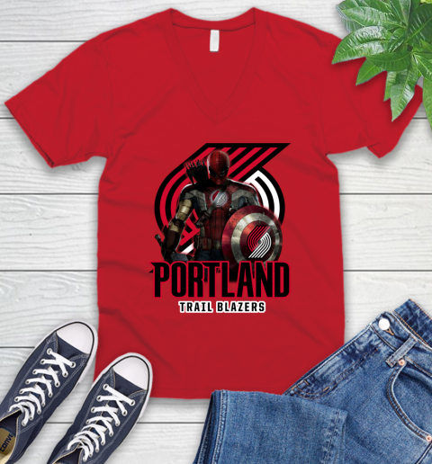 Portland Trail Blazers NBA Basketball Captain America Thor Spider Man Hawkeye Avengers V-Neck T-Shirt 7