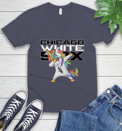 Chicago White Sox MLB Baseball Funny Unicorn Dabbing Sports V-Neck T-Shirt 9