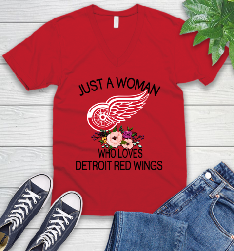 NHL Just A Woman Who Loves Detroit Red Wings Hockey Sports V-Neck T-Shirt 4