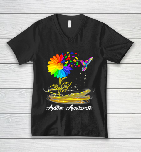Autism Awareness Month Tshirt Hummingbird Sunflower V-Neck T-Shirt