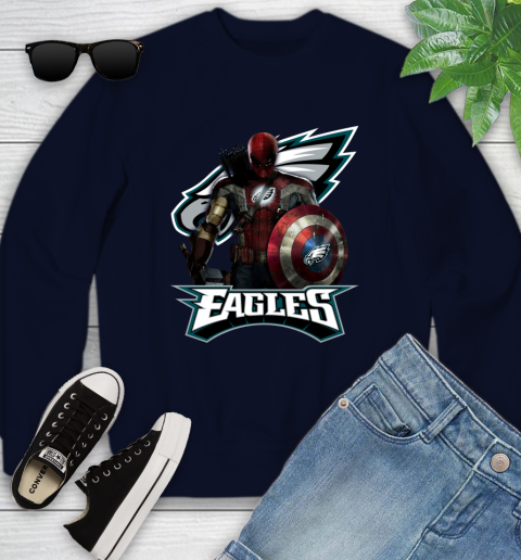 NFL Captain America Thor Spider Man Hawkeye Avengers Endgame Football Philadelphia Eagles Youth Sweatshirt 3