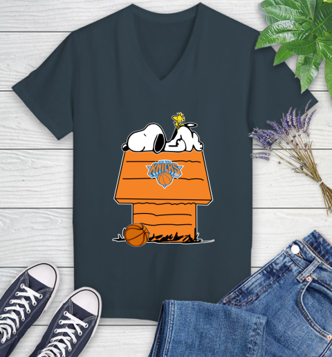 New York Knicks NBA Basketball Snoopy Woodstock The Peanuts Movie Women's V-Neck T-Shirt 8