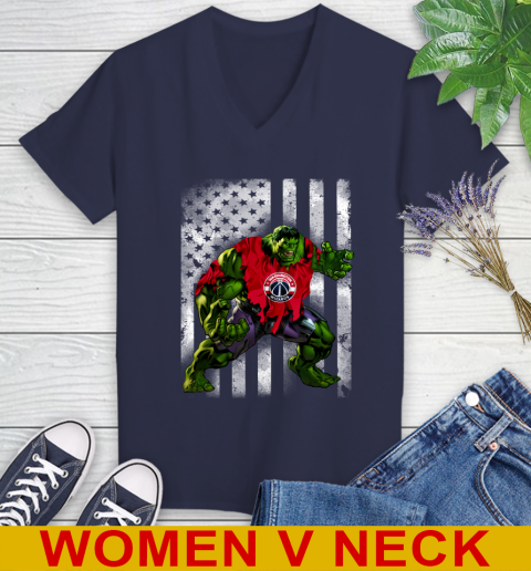 Washington Wizards Hulk Marvel Avengers NBA Basketball American Flag Women's V-Neck T-Shirt 12