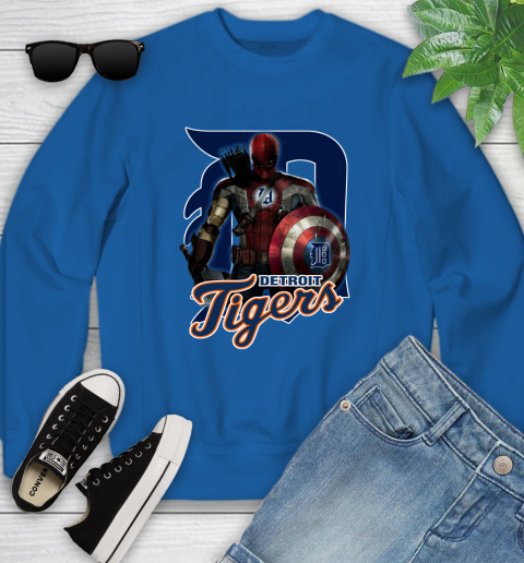 MLB Captain America Thor Spider Man Hawkeye Avengers Endgame Baseball Detroit Tigers Youth Sweatshirt 8