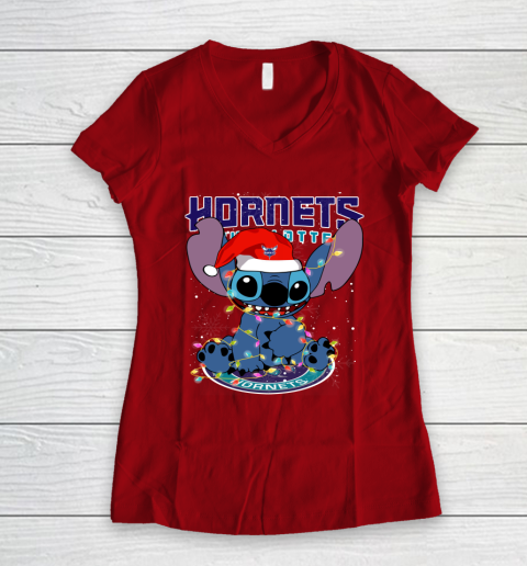 Charlotte Hornets NBA noel stitch Basketball Christmas Women's V-Neck T-Shirt 6
