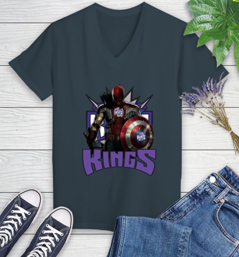 Sacramento Kings NBA Basketball Captain America Thor Spider Man Hawkeye Avengers Women's V-Neck T-Shirt 8