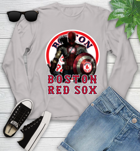 MLB Captain America Thor Spider Man Hawkeye Avengers Endgame Baseball Boston Red Sox Youth Long Sleeve 12